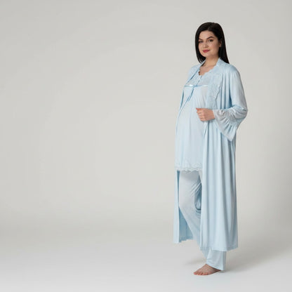 Blue pyjama & robe set by Mini Plum – long-sleeve bump-friendly fit, side view