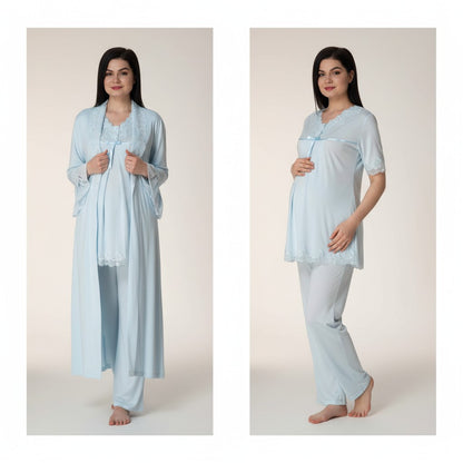 Blue pyjama & robe set by Mini Plum – close-up of lace detail, soft cotton-modal fabric
