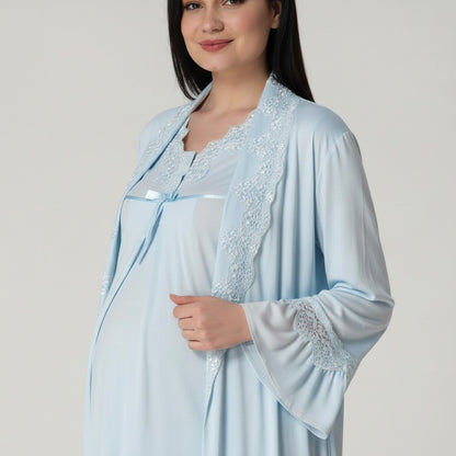 Blue pyjama & robe set by Mini Plum – V-neck pyjama & robe set for pregnancy & postpartum, machine washable