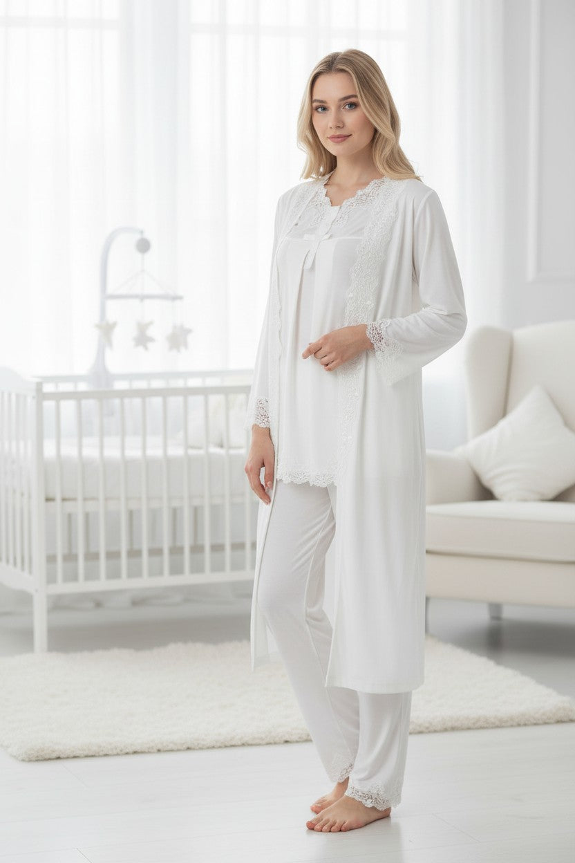 White pyjama & robe set by Mini Plum – long-sleeve nursing nightwear with V-neck, breastfeeding-friendly, hospital bag ready