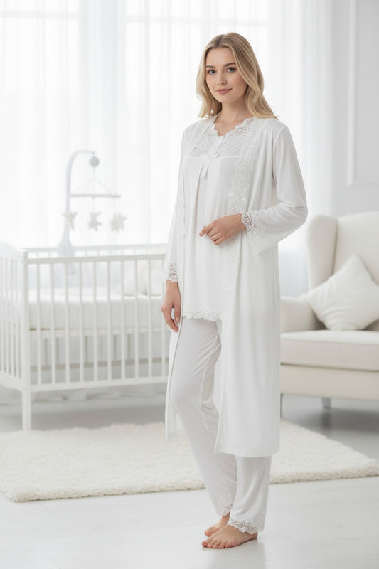 White pyjama & robe set by Mini Plum – long-sleeve nursing nightwear with V-neck, breastfeeding-friendly, hospital bag ready