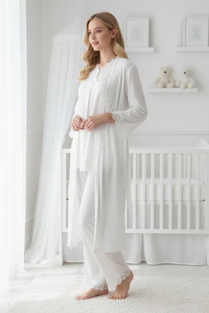 White pyjama & robe set by Mini Plum – lace detail and V-neck, maternity & nursing