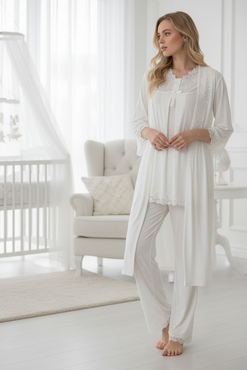 White pyjama & robe set by Mini Plum – long-sleeve bump-friendly fit, side view