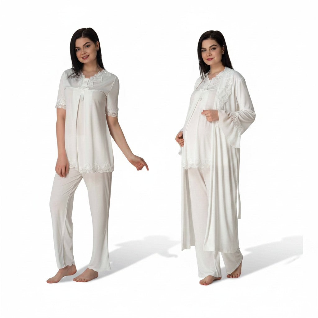 White pyjama & robe set by Mini Plum – close-up of lace detail, soft cotton-modal fabric