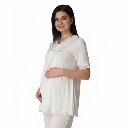 White pyjama & robe set by Mini Plum – full styling view, long-sleeve breastfeeding nightwear