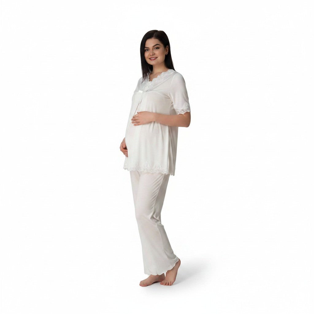 White pyjama & robe set by Mini Plum – white maternity nightwear detail, lace detail
