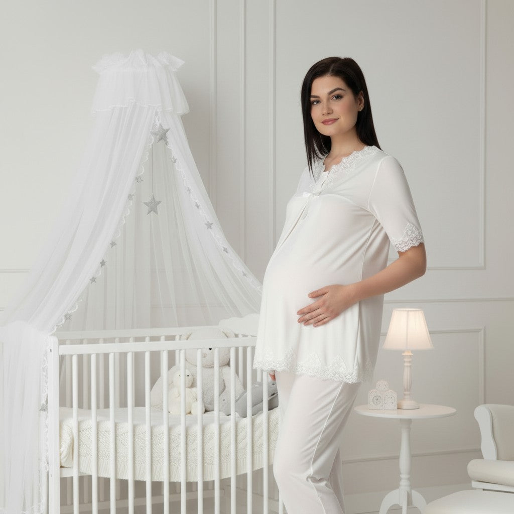 White pyjama & robe set by Mini Plum – long-sleeve nursing nightwear with V-neck, breastfeeding-friendly, hospital bag ready