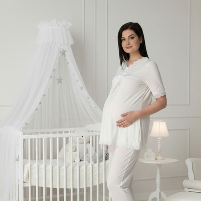 White pyjama & robe set by Mini Plum – long-sleeve nursing nightwear with V-neck, breastfeeding-friendly, hospital bag ready