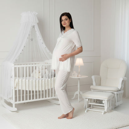 White pyjama & robe set by Mini Plum – lace detail and V-neck, maternity & nursing