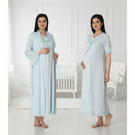 Blue nightie & robe set by Mini Plum – long-sleeve nursing nightwear with V-neck, breastfeeding-friendly, hospital bag ready