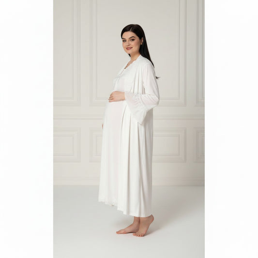 White nightie & robe set by Mini Plum – long-sleeve nursing nightwear with V-neck, breastfeeding-friendly, hospital bag ready