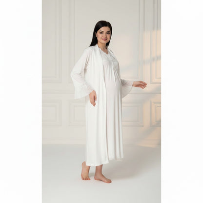 White nightie & robe set by Mini Plum – long-sleeve bump-friendly fit, side view