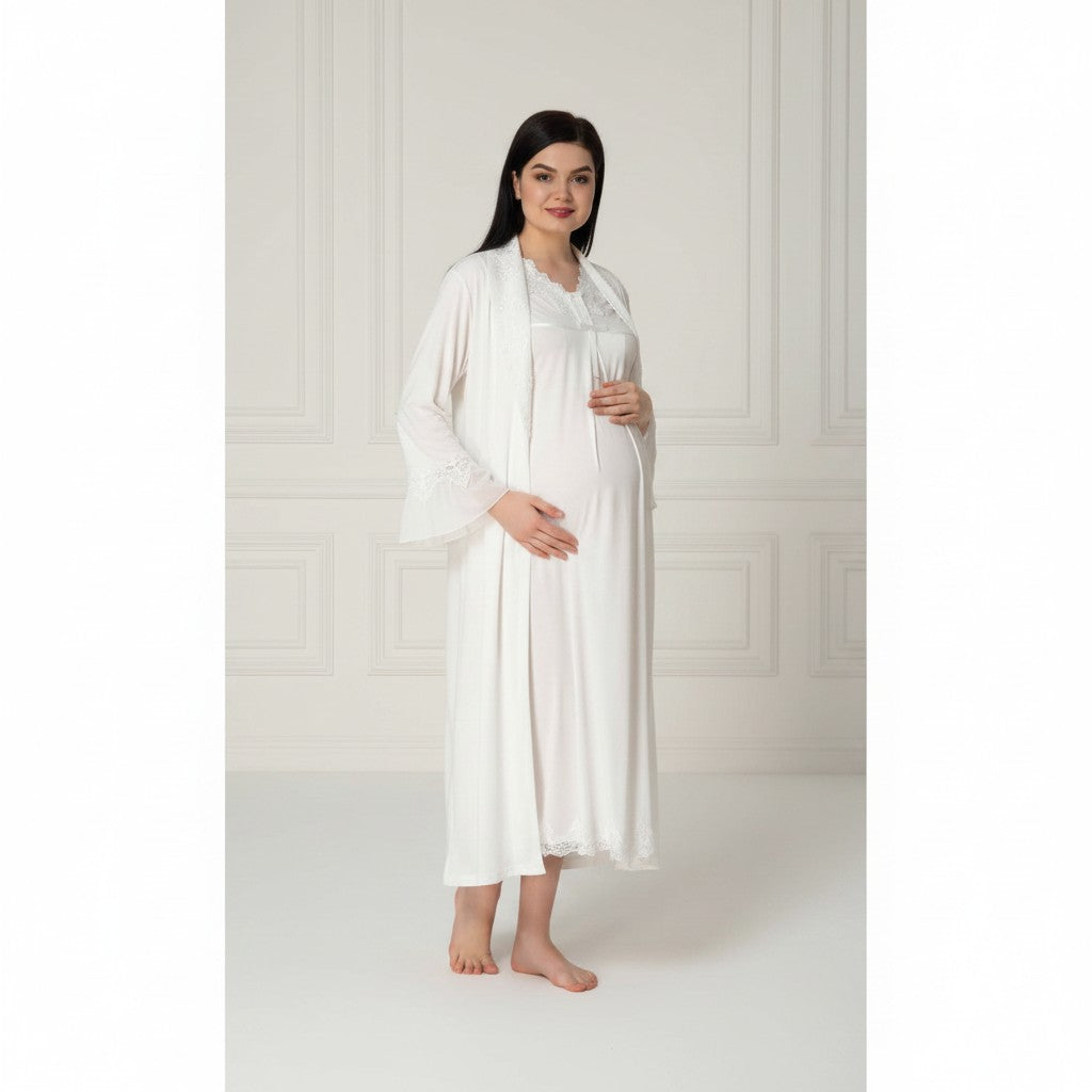 White nightie & robe set by Mini Plum – close-up of lace detail, soft cotton-modal fabric