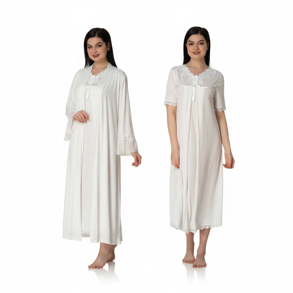 White nightie & robe set by Mini Plum – V-neck nightie & robe set for pregnancy & postpartum, machine washable