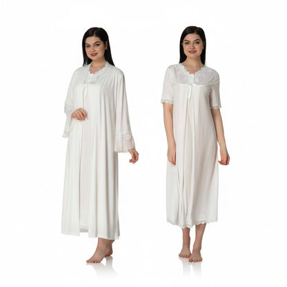 White nightie & robe set by Mini Plum – V-neck nightie & robe set for pregnancy & postpartum, machine washable
