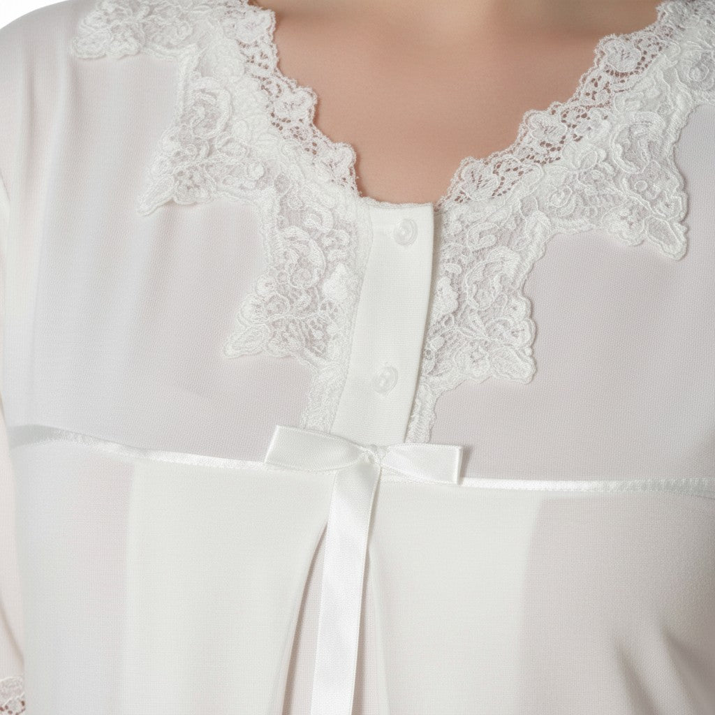 White nightie & robe set by Mini Plum – full styling view, long-sleeve breastfeeding nightwear