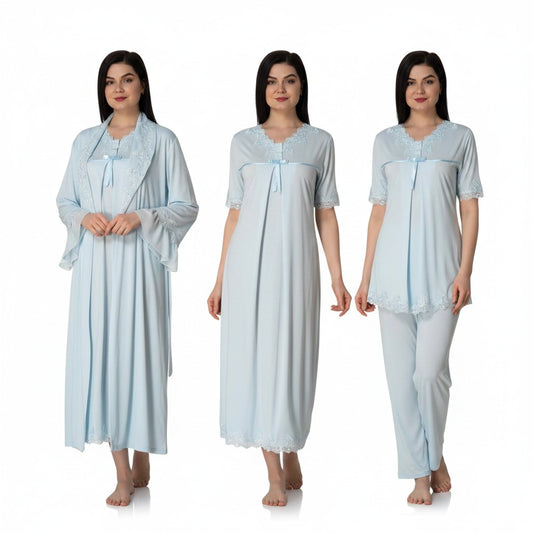 Blue 4-piece maternity set by Mini Plum – nursing nightwear with square neck, breastfeeding-friendly, hospital bag ready