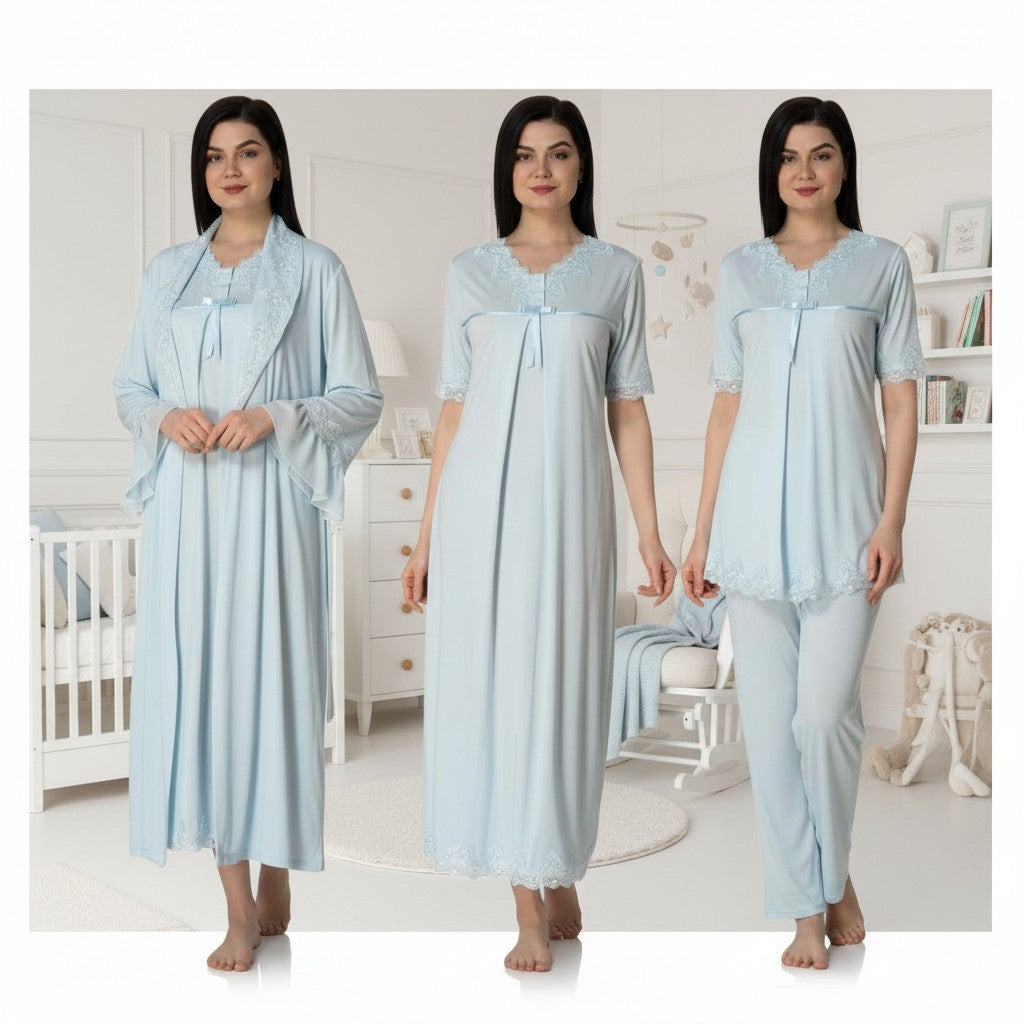 Blue 4-piece maternity set by Mini Plum – lace detail and square neck, maternity & nursing