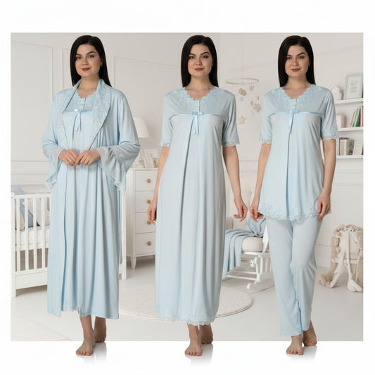 Blue 4-piece maternity set by Mini Plum – lace detail and square neck, maternity & nursing