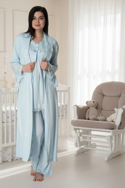 Blue 4-piece maternity set by Mini Plum – bump-friendly fit, side view