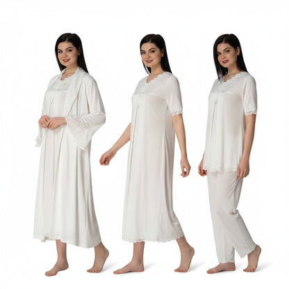 White 4-piece maternity set by Mini Plum – nursing nightwear with square neck, breastfeeding-friendly, hospital bag ready