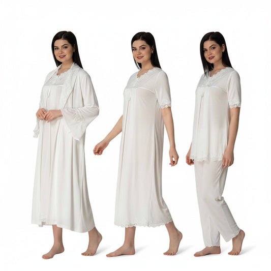 White 4-piece maternity set by Mini Plum – nursing nightwear with square neck, breastfeeding-friendly, hospital bag ready