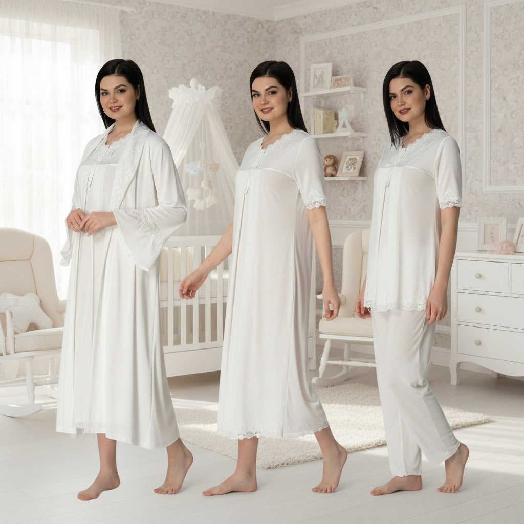 White 4-piece maternity set by Mini Plum – bump-friendly fit, side view