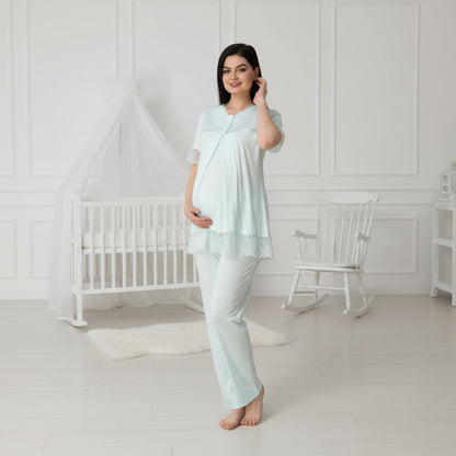 Blue maternity pyjamas by Mini Plum – short-sleeve nursing nightwear with V-neck, breastfeeding-friendly, hospital bag ready