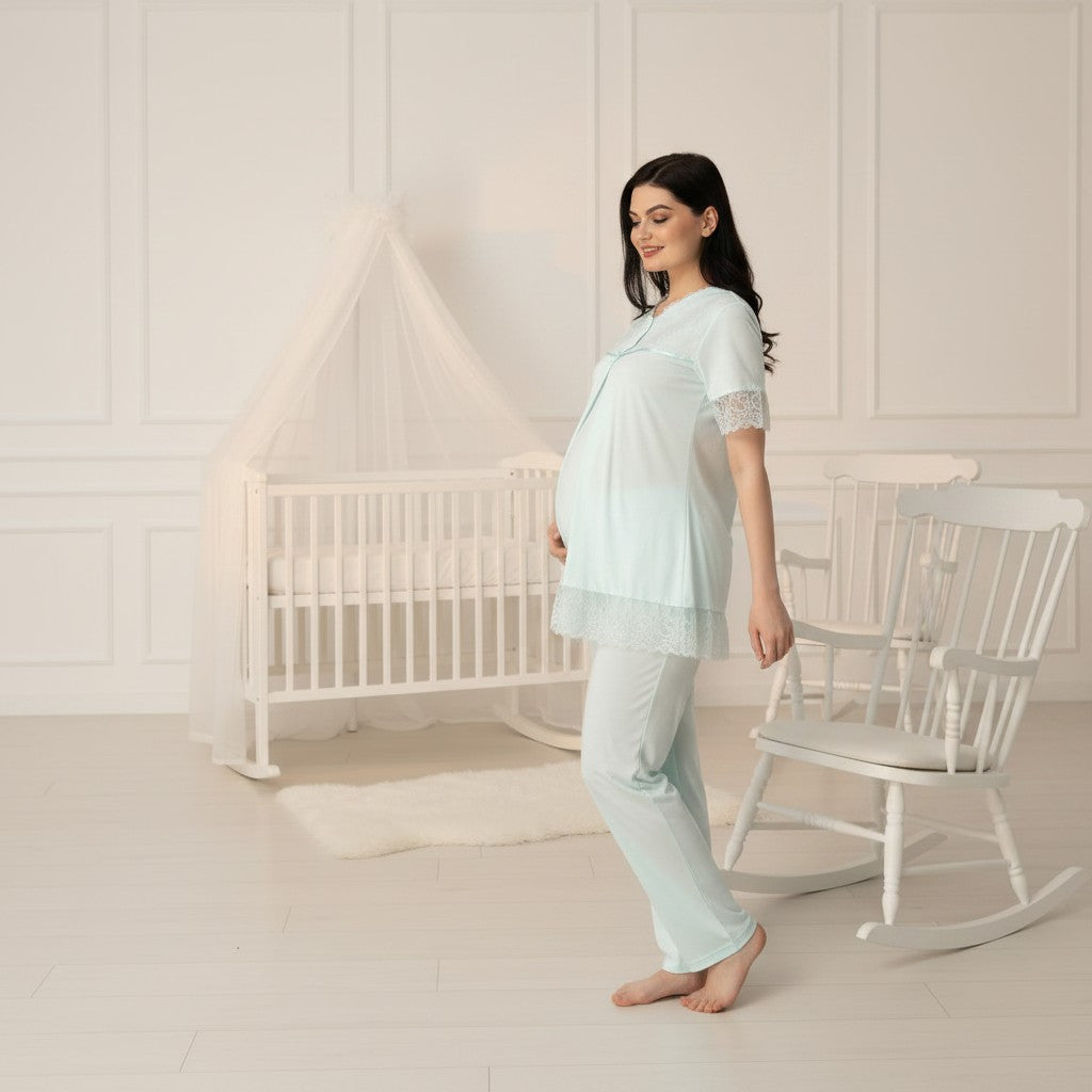 Blue maternity pyjamas by Mini Plum – lace detail and V-neck, maternity & nursing