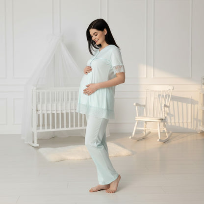 Blue maternity pyjamas by Mini Plum – short-sleeve with button-front nursing opening, side view