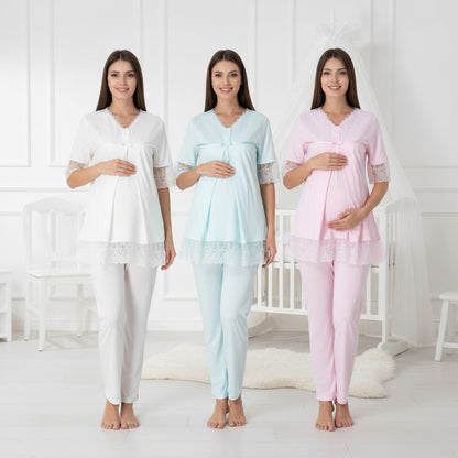 Blue maternity pyjamas by Mini Plum – close-up of lace detail, soft cotton-modal fabric