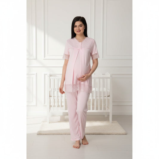 Pink maternity pyjamas by Mini Plum – short-sleeve nursing nightwear with V-neck, breastfeeding-friendly, hospital bag ready