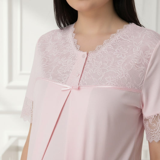 Pink maternity pyjamas by Mini Plum – lace detail and V-neck, maternity & nursing