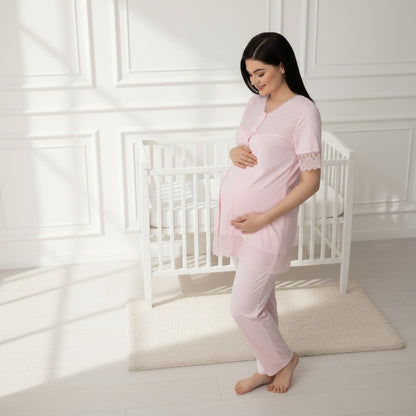 Pink maternity pyjamas by Mini Plum – short-sleeve with button-front nursing opening, side view