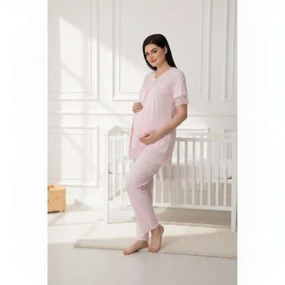 Pink maternity pyjamas by Mini Plum – close-up of lace detail, soft cotton-modal fabric