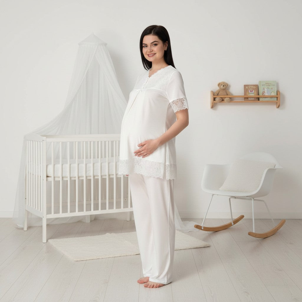 White maternity pyjamas by Mini Plum – short-sleeve nursing nightwear with V-neck, breastfeeding-friendly, hospital bag ready