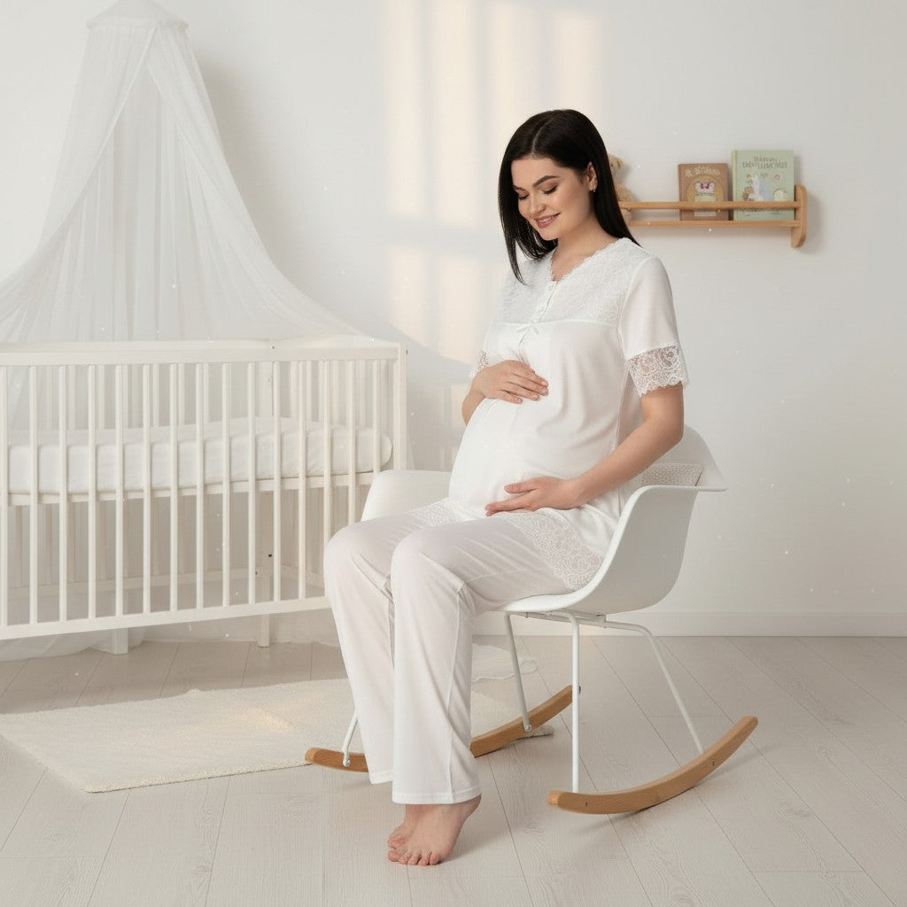 White maternity pyjamas by Mini Plum – lace detail and V-neck, maternity & nursing