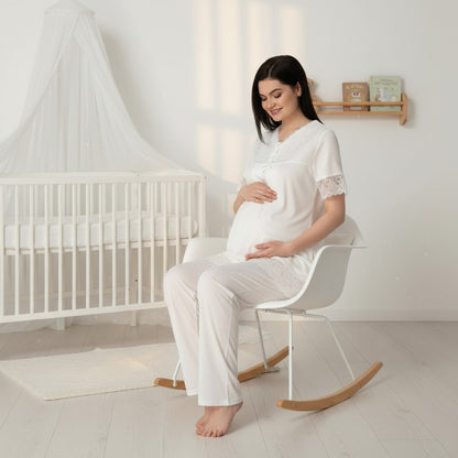 White maternity pyjamas by Mini Plum – lace detail and V-neck, maternity & nursing