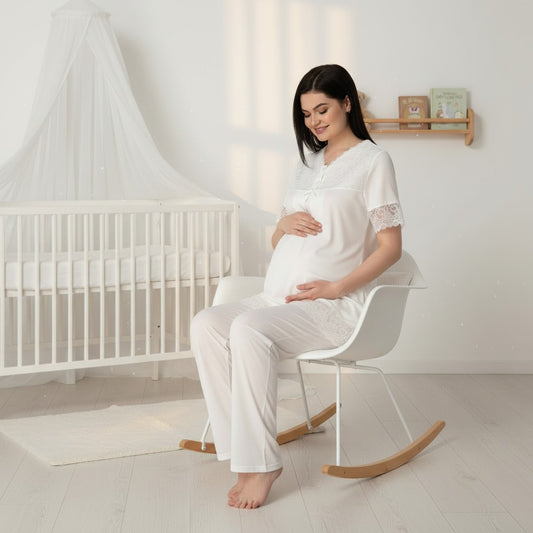White maternity pyjamas by Mini Plum – lace detail and V-neck, maternity & nursing
