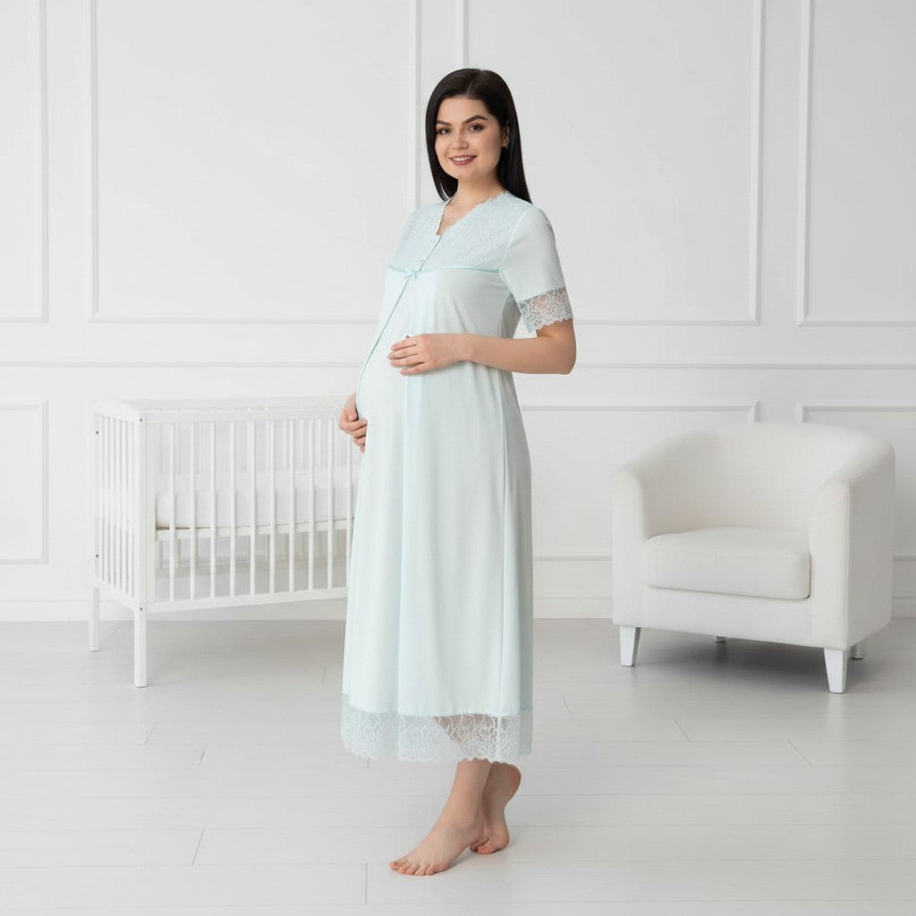 Blue maternity nightdress by Mini Plum – short-sleeve nursing nightwear with V-neck, breastfeeding-friendly, hospital bag ready