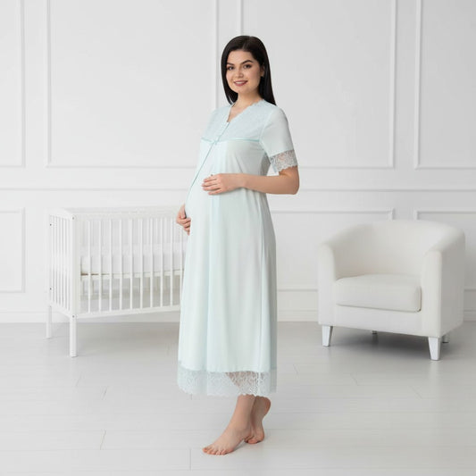 Blue maternity nightdress by Mini Plum – short-sleeve nursing nightwear with V-neck, breastfeeding-friendly, hospital bag ready