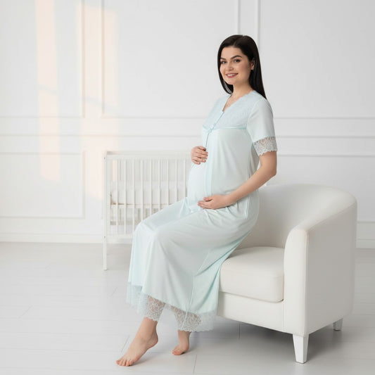 Blue maternity nightdress by Mini Plum – lace detail and V-neck, maternity & nursing