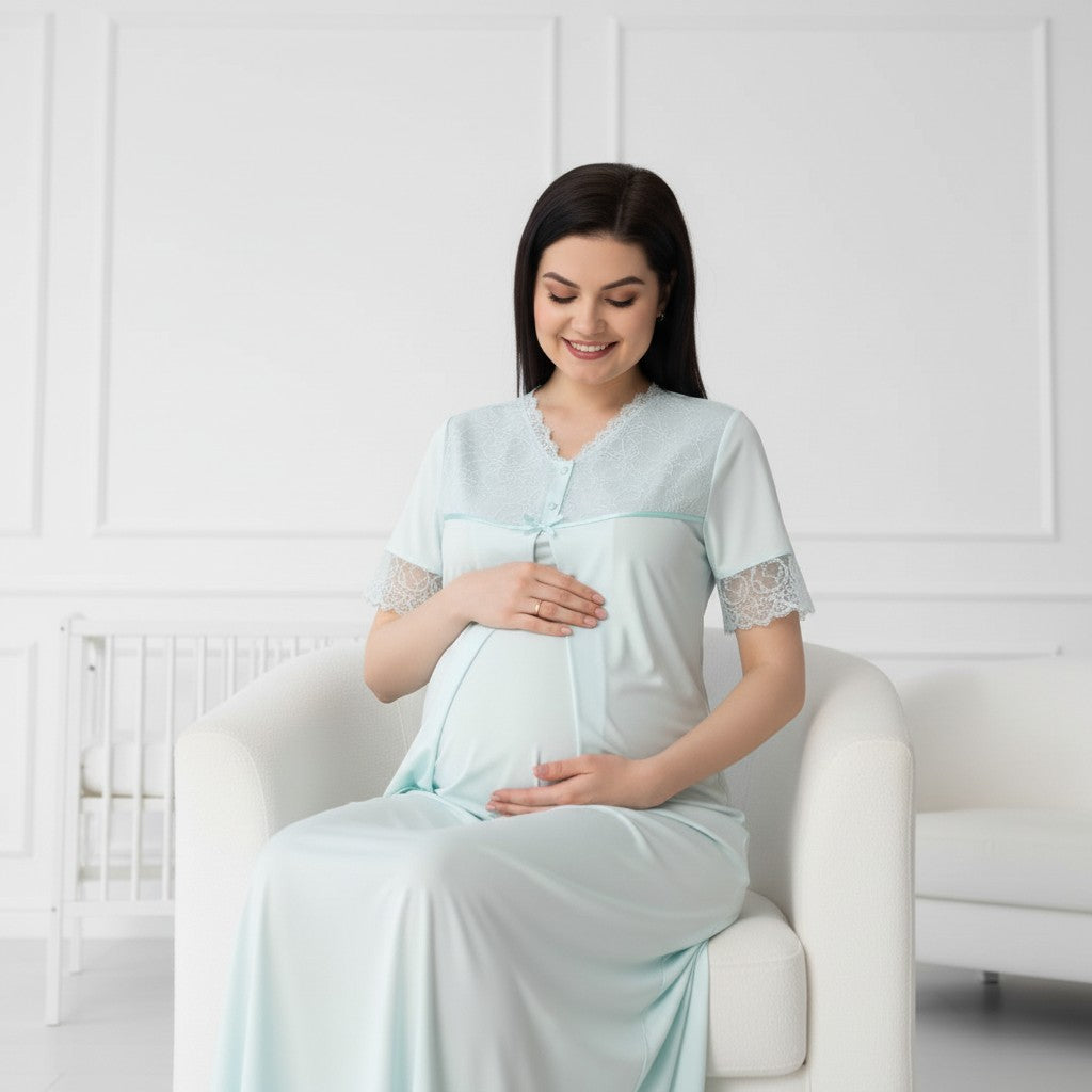 Blue maternity nightdress by Mini Plum – short-sleeve with button-front nursing opening, side view