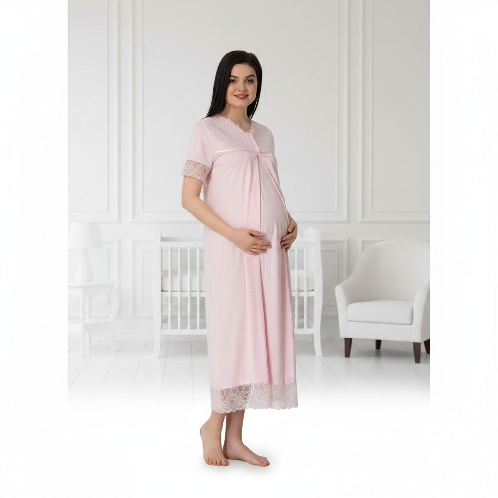 Pink maternity nightdress by Mini Plum – short-sleeve nursing nightwear with V-neck, breastfeeding-friendly, hospital bag ready
