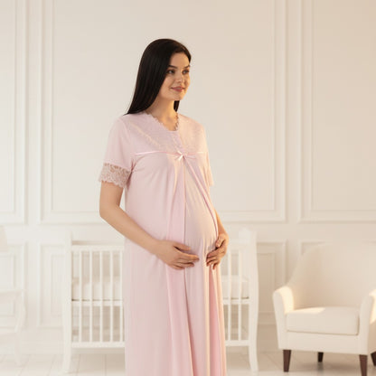 Pink maternity nightdress by Mini Plum – lace detail and V-neck, maternity & nursing