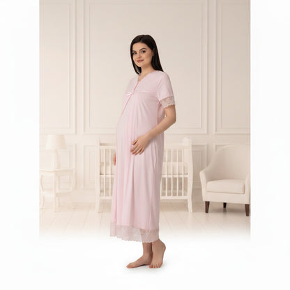 Pink maternity nightdress by Mini Plum – short-sleeve with button-front nursing opening, side view