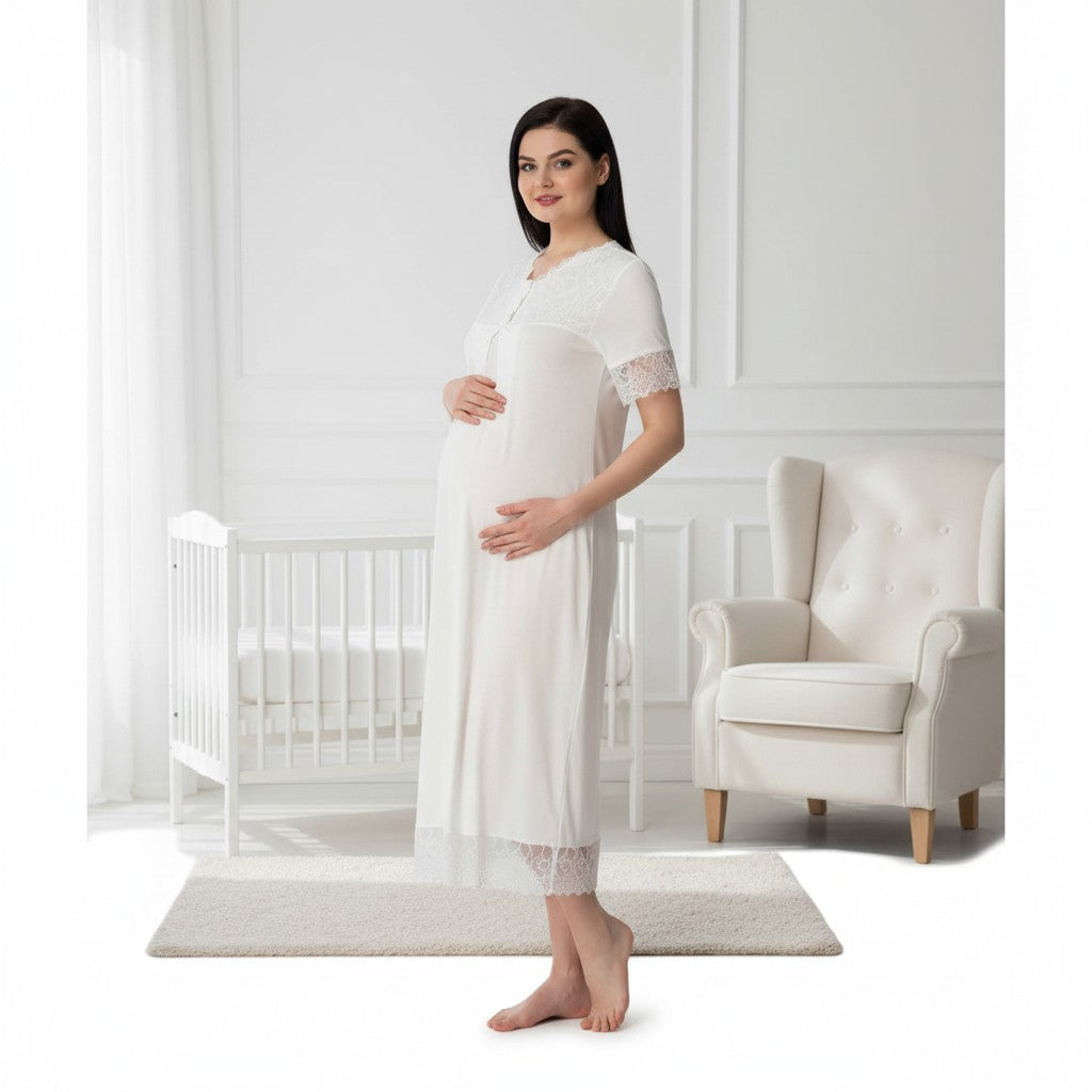 White maternity nightdress by Mini Plum – short-sleeve nursing nightwear with V-neck, breastfeeding-friendly, hospital bag ready
