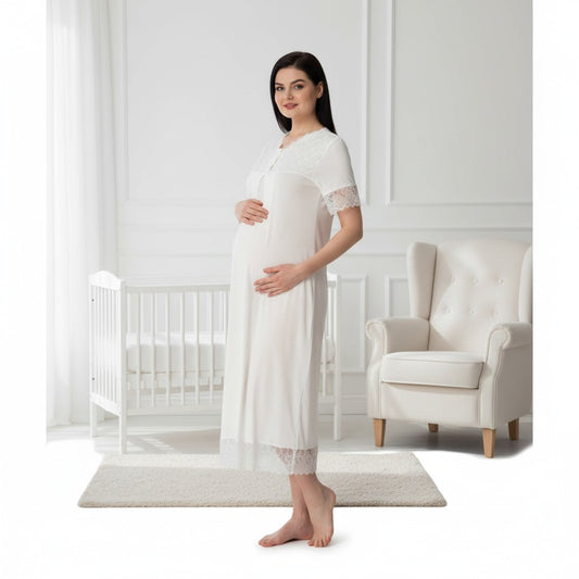White maternity nightdress by Mini Plum – short-sleeve nursing nightwear with V-neck, breastfeeding-friendly, hospital bag ready