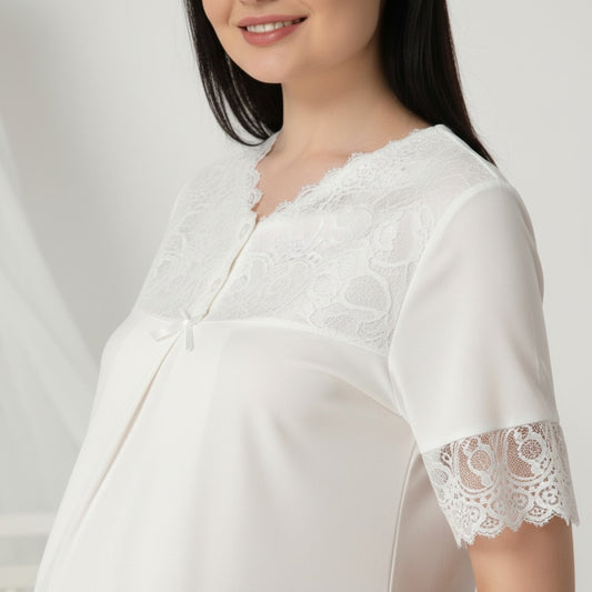 White maternity nightdress by Mini Plum – lace detail and V-neck, maternity & nursing