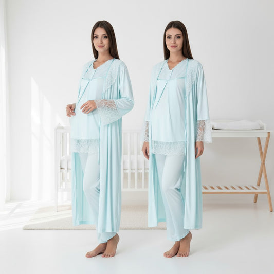 Blue 4-piece maternity set by Mini Plum – nursing nightwear with V-neck, breastfeeding-friendly, hospital bag ready